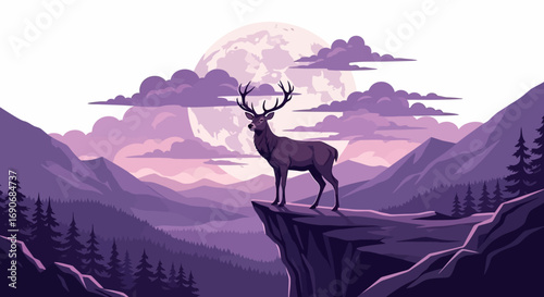 Majestic stag stands proudly on a cliff overlooking a misty mountain valley under a large full moon.