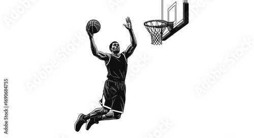 Athletic basketball player soaring through the air for a powerful dunk