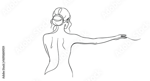 Minimalist line art drawing of a woman's back with her hair in a bun, extending her arm gracefully to the side.