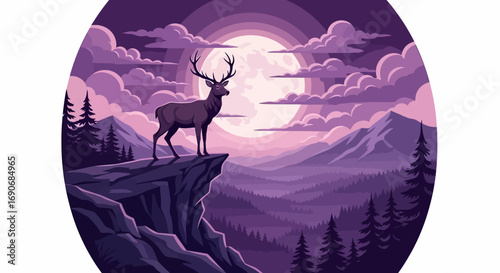 Majestic stag stands proudly on a cliff overlooking a mystical, moonlit mountain landscape.