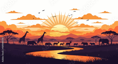 Serene African savanna landscape at sunrise with diverse wildlife and a winding river.
