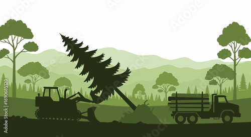 Bulldozer uproots a large tree for transport to a waiting log truck amidst a forest landscape.