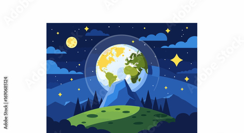 Majestic Earth glows brightly in starry night sky over peaceful landscape