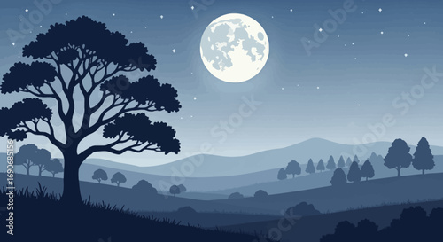 Serene night landscape with a large tree silhouetted against a full moon and rolling hills