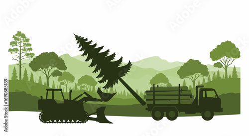 Heavy machinery loads felled tree onto logging truck in forest landscape
