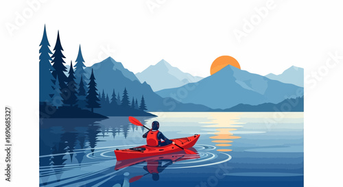 Solo kayaker enjoys serene sunrise paddle on tranquil lake surrounded by mountains and pine forest