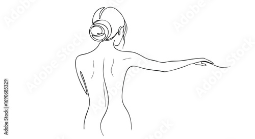 Line drawing of a woman with her back to the viewer, arm outstretched.