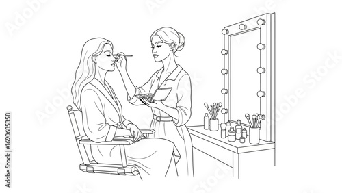 A woman applying makeup to another woman in front of a lighted vanity mirror a sketch illustration
