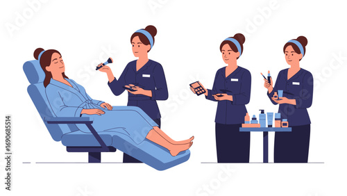 Professional makeup artists applying cosmetics to a happy client in a beauty salon setting with various makeup products displayed on a table