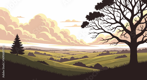 Serene rolling hills under a dramatic, sunlit cloudy sky, with a lone evergreen and a majestic silhouette tree.