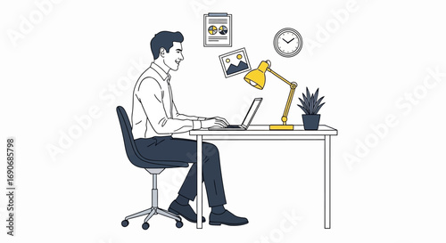 Focused man working diligently on laptop at a clean, modern desk