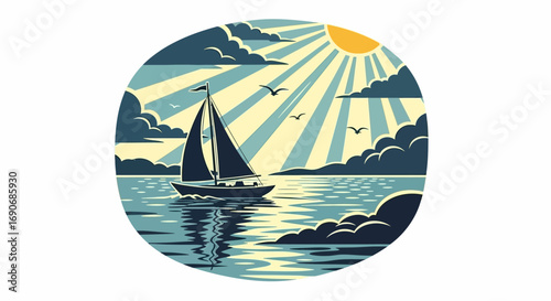 Serene sailboat glides across a sparkling ocean under a radiant sun and dramatic clouds.