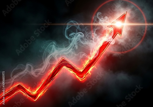 Fiery red arrow graph trending upwards with smoke and light