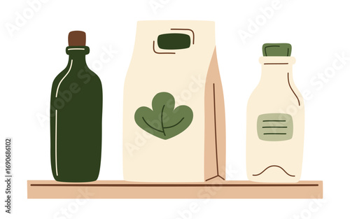 Bottles products set of drinks, milk, oil, paper bag on shelf in a row from supermarket or farmer market. Zero-waste packaging for eco-friendly design. Vector illustration in organic flat style.
