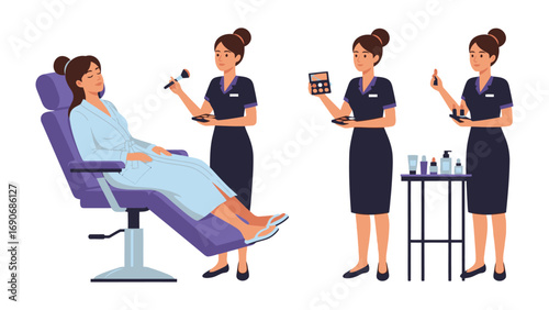 Professional makeup artist applying cosmetics to a seated client in a salon chair with assistants and beauty products nearby