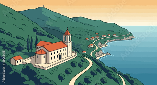 Serene coastal village with a church nestled on a green hillside overlooking the sparkling blue sea.