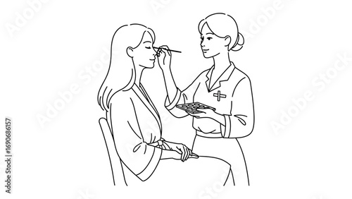 Illustration of a professional makeup artist applying cosmetics to a client s face with a brush in a studio setting