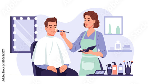 Professional makeup artist applying foundation to a male client in a well lit studio with beauty products and mirror