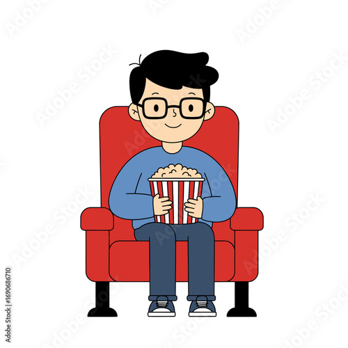 Man Enjoying Movie and Popcorn in Theater Seat Illustration