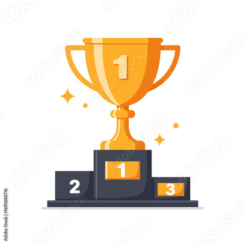Golden trophy cup for first place on a winner's podium, a vector illustration of a prize for victory and achievement in a competition