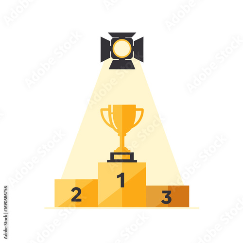 Golden trophy cup on a winner's podium illuminated by a bright spotlight, symbolizing first place victory, success, and achievement