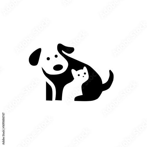 Minimalist black and white logo of a dog with a cat silhouette integrated inside its body. Perfect for veterinary clinics, pet shops, shelters, or animal care branding.