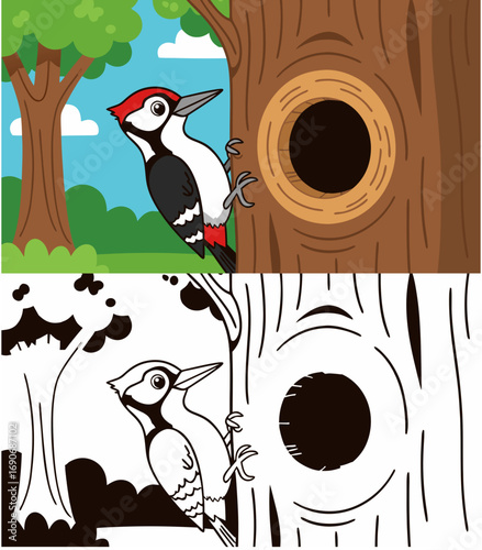 Woodpecker on tree with hole in colorful and black-and-white styles for coloring page for kids left handed friendly with color sample  