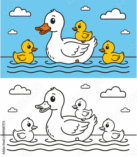Cartoon duck swimming with three ducklings on water Left-handed friendly kids coloring page