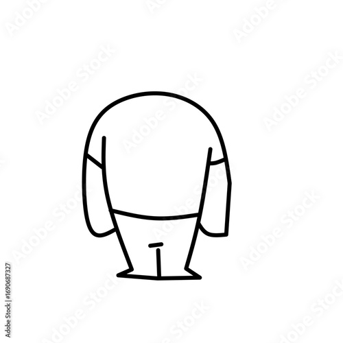 Minimalist black outline drawing of a cartoon figure with a round body, long sleeves, and pants, headless and simple, symbolizing abstract creativity and playful character design.