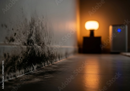 Mold growing on a wall near the floor in a dark room