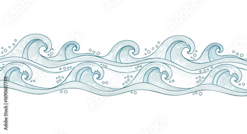 Принти на полотні Illustration of stylized ocean waves in shades of blue, creating a repeating pattern