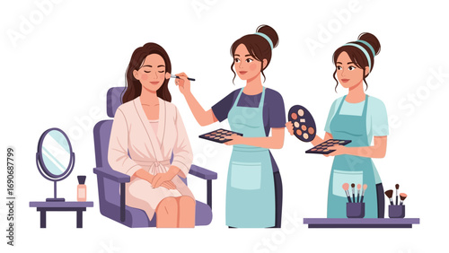 Professional makeup artist applying foundation to a client sitting in a chair while another artist prepares makeup brushes and palettes for beauty services