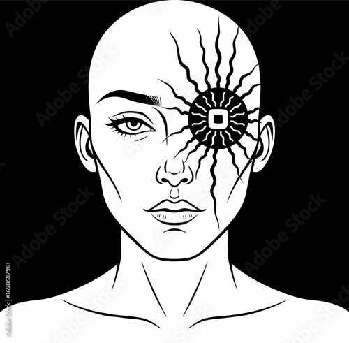The human face cracks, revealing code and chips. A metaphor for replacing humans with artificial intelligence. The concept of losing one's humanity.