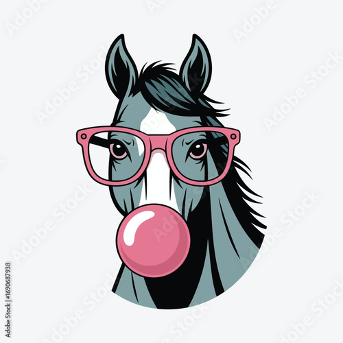 Trendy Horse Illustration with Pink Glasses and Bubble Gum, Fun and Playful Cartoon Animal Design, Quirky Art for Youthful, Modern, and Trendy Graphic Content, Social Media, and Digital Design Project