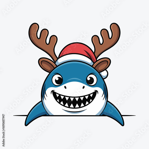 Playful Shark Illustration with Reindeer Antlers and Santa Hat, Fun and Festive Holiday Cartoon Design, Quirky Art for Christmas and Winter-Themed Graphic Content, Social Media, and Digital Design Pro