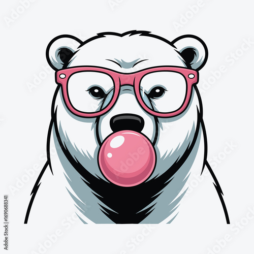 Cool Polar Bear Illustration with Pink Glasses and Bubble Gum, Fun and Playful Cartoon Animal Design, Quirky Art for Youthful, Modern, and Trendy Graphic Content, Social Media, and Digital Design Proj