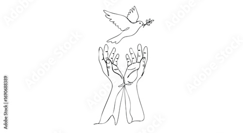 A continuous one-line drawing of hands releasing a peace dove carrying an olive branch.