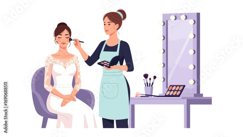 Professional makeup artist applying makeup to a bride in a white dress in a beauty salon with a large illuminated mirror
