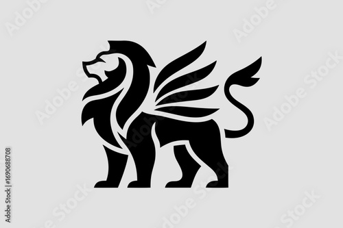 Regal Flying Winged Lion Icon in an Iconic Heraldic Crest – Mythological Griffin Symbol Vector Logo Illustration for Fantasy Branding Emblem, Medieval Style, Flat Vector Art