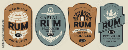 Vector set labels for a bottle of rum on an old paper background. With a barrel, ship, anchor, corkscrew, laurel wreath. Logo in vintage style. Coaster. AI is not used