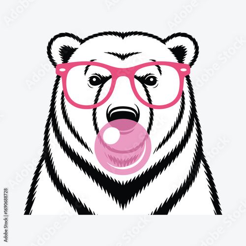 Cool Polar Bear Illustration with Pink Glasses and Bubble Gum, Fun and Playful Cartoon Animal Design, Quirky Art for Youthful, Modern, and Trendy Graphic Content, Social Media, and Digital Design Proj