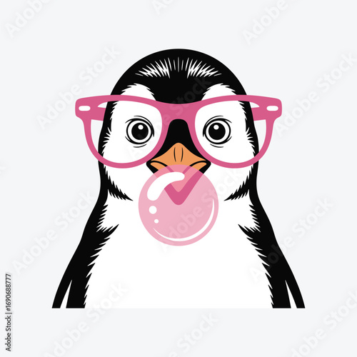 Stylish Penguin Illustration with Pink Glasses and Bubble Gum, Fun and Playful Cartoon Animal Design, Quirky Art for Youthful and Trendy Graphic Content, Social Media, and Digital Design Projects
