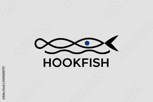 Monochrome Hookfish emblem combining stylized fish silhouette with a fluid hook motif — a minimalist vector logo and icon perfect for fishing brands, seafood packaging, marine projects.