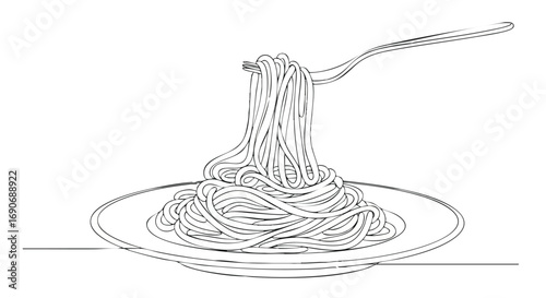 A plate of spaghetti with a fork, a simple line drawing.
