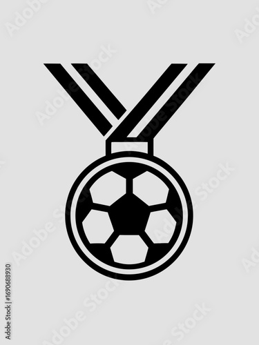 Minimalist soccer medal emblem with a stylized football ball and ribbon — versatile vector logo, icon and badge ideal for sports tournaments, team awards, club branding and athletic events.