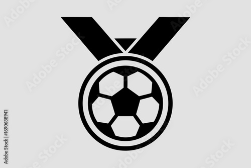 Minimalist soccer medal emblem with a stylized football ball and ribbon — versatile vector logo, icon and badge ideal for sports tournaments, team awards, club branding and athletic events.