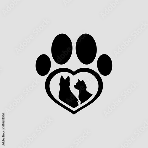 Monochrome paw print emblem enclosing a heart-shaped frame with two cat silhouettes — a minimalist vector logo and pet icon ideal for vets, shelters, boutiques, and pet branding.