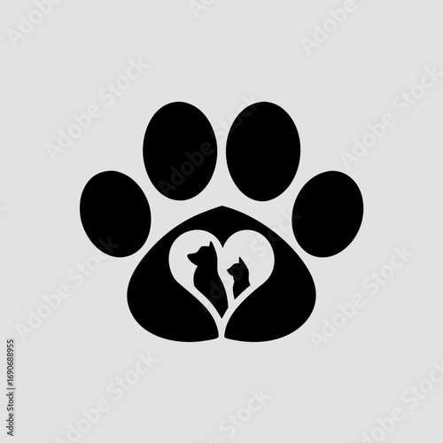 Monochrome paw print emblem enclosing a heart-shaped frame with two cat silhouettes — a minimalist vector logo and pet icon ideal for vets, shelters, boutiques, and pet branding.
