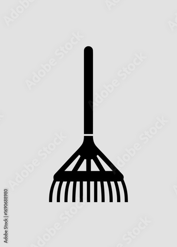 Minimalist garden rake emblem with a clean leaf and lawn-ready silhouette — versatile vector logo and icon of a tool ideal for gardening brands, yard services, and fall cleanup.