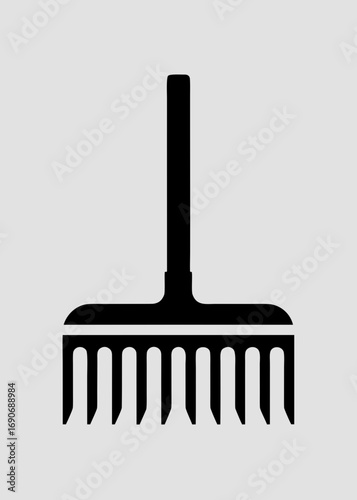 Minimalist garden rake emblem with a clean leaf and lawn-ready silhouette — versatile vector logo and icon of a tool ideal for gardening brands, yard services, and fall cleanup.